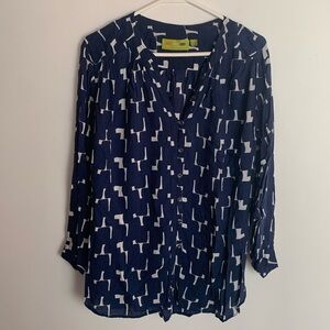 Rock Flower Paper Blue Geometric Blouse Sz M